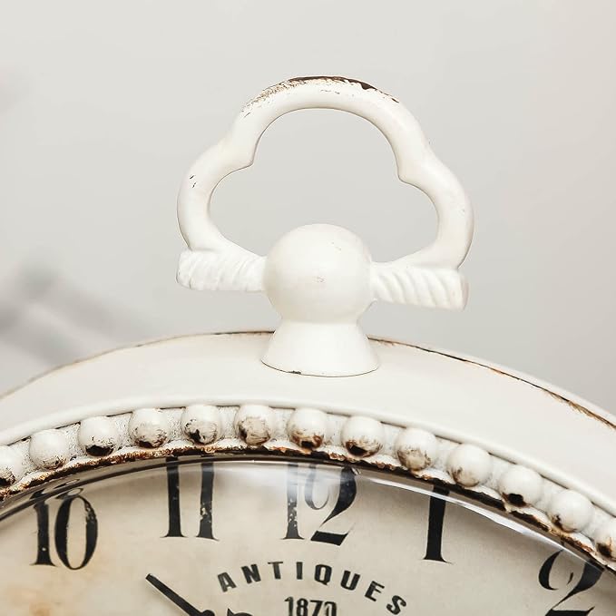 NIKKY HOME Vintage Table Clock with Beads, Silent Shelf Desk Top Clock Battery Operated Antique Design, Chic Home Decor for Fireplace Mantel, Desktop, Countertop, White