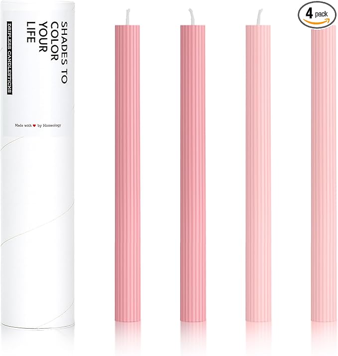 10" Candle Sticks, Ribbed Taper Candles, 2 Pink Shades, 4-Pack, Unscented