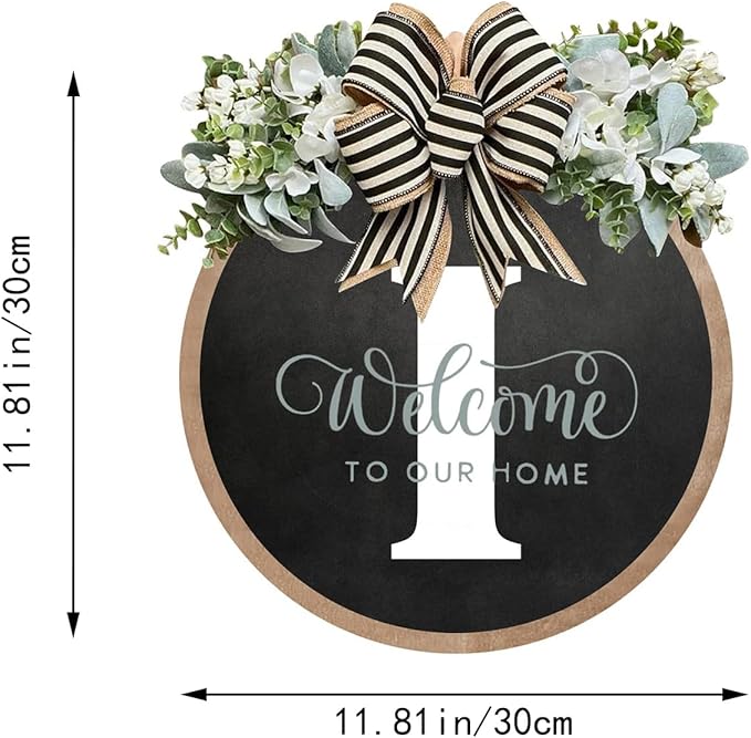 Circular Surname Front Door Welcome Sign - 26 Letter House Wreath, Front Porch Decorations, Year-Round Home Decor (I)