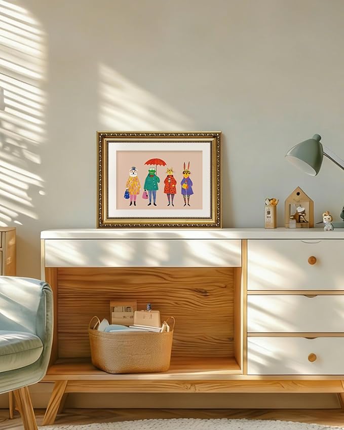 ARPEOTCY Framed Canvas Wall Art, 11x14 Whimsical Animal Family Illustration, Storybook Style Wall Decor for Nursery, Kids Room & Playroom