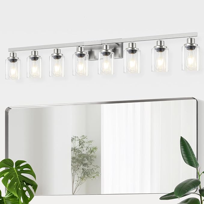 52inch Brushed Nickel Vanity Light Fixtures, 8 Light Brushed Nickel Bathroom Vanity Lights Over Mirror, Matte Nickel Modern Bathroom Wall Lighting for Mirror Bedroom,Living Room
