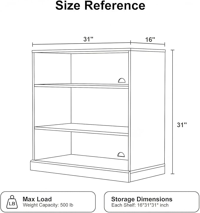 Casaphoria 31" H Wooden Bookshelves, 3 Tier Heavy Duty Bookshelf with Adjustable Shelves, Farmhouse Bookshelf with 16" Deep Storage Space for Living Room,Bedroom & Home Office