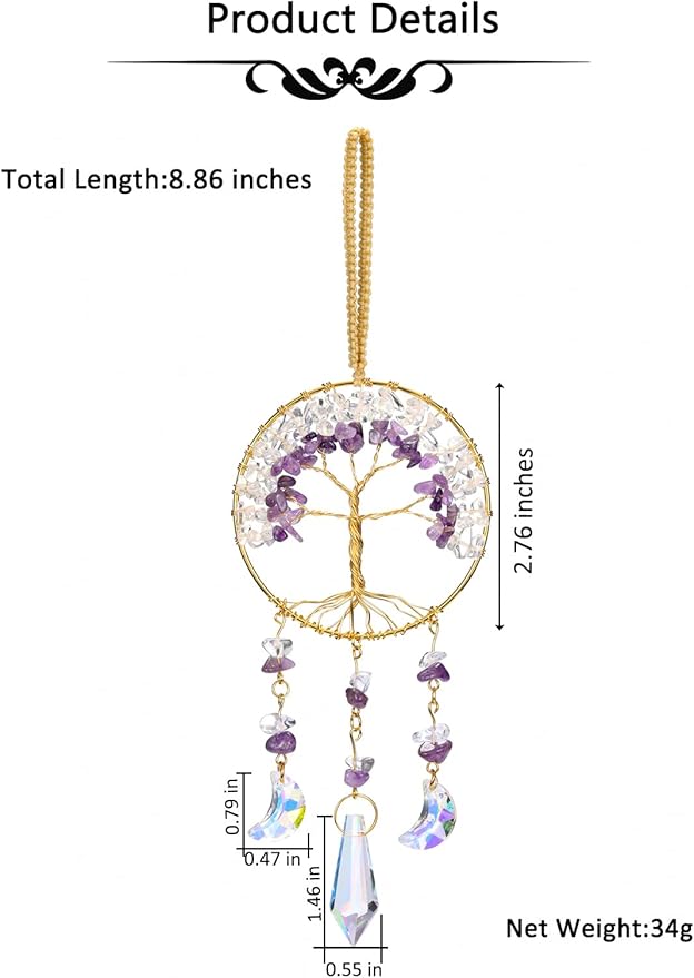 CrystalTears Crystal Tree Life Hanging Ornament Handmade Amethyst Clear Quartz Healing Crystal Gemstone Glass Suncatcher for Home Window Wall Decoration Crystal Gifts for Women Men Friends
