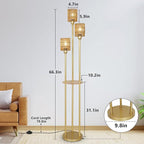 Boho Floor Lamp with Shelves, 3-Lights Farmhouse Tall Floor Lamp with ON/Off Foot Switch, Gold Modern Floor Lamps with Rattan Shades, Rustic Standing Lamp for Living Room, Bedroom, Office