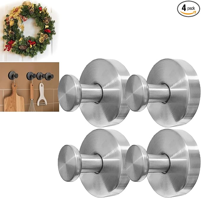 4Pcs New Model No-Drill Suction Cup Hooks for Door Wreaths, Wreath Hangers for Front Door, Suction Cup Hooks for Shower, Removable, Waterproof & Rustproof (Silver)