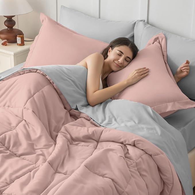 JOLLYVOGUE Full Comforter Set, Ultra-Soft Bed in a Bag Full Size 7 Pieces, Oeko-TEX Certified Bedding Set with Down Alternative Comforter, Sheets, Pillowcases & Shams, Pink & Light Grey