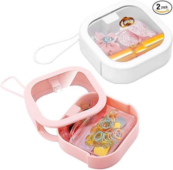 2pcs Hair Tie Organizer Boxes,Small Portable Holder Can Be Stackable Or Hung On The Wall,Best for Ties Storage or Small Items on Desktop, Pink&White