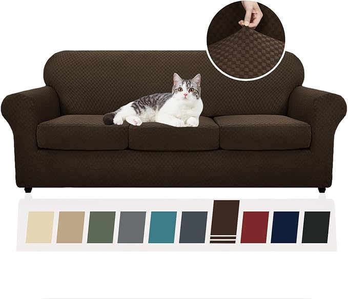 YEMYHOM Latest Checkered 4 Pieces Couch Covers for 3 Cushion Couch High Stretch Thickened Sofa Cover for Dogs Pets Elastic Slipcovers Living Room Furniture Protector (Dark Coffee), 71"-91"(3 CUSHIONS)