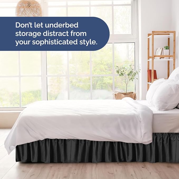 Wrap Around Dust Ruffle Bed Skirt - Black - for Queen Size Beds with 15 Inch Drop - Easy Fit Elastic Strap - Adjustable Pleated Bedskirt w/Brushed Fabric - Wrinkle Free - for Women, Men, Kids & Teens