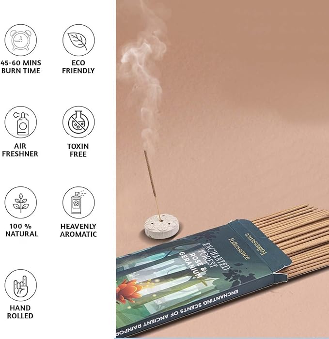 Folkulture Rose & Geranium Incense Sticks with Holder (100 Sticks)| Rose & Geranium Incents Stick for Aromatherapy | No Charcoal,Organic,Non Toxic, 45 Mins, Slow Burning Insence - Forest Inspired