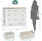 Wide TV Stand Modern TV Console, 11 Drawers Tall Dresser for Bedroom, Fabric Storage Cabinet, Chest of Drawers for Closet, Nursery, Living Room（White）