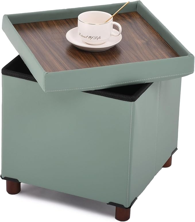 Storage Ottoman, Ottoman with Storage for Living Room Square Ottoman with Tray Lid Bedroom Storage Footstool Cube Small Ottomans Foot Rest Stool with Legs Foldable Faxu Leather 15" Inches