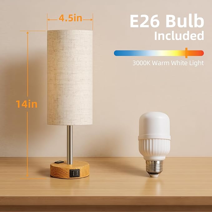 Bedside Table Lamp, High-Sensitivity Touch, 3-Level Dimmable Nightstand Lamp with AC Outlet | USB | and USB-C, Ideal Desk Lamp for Bedside, Bedroom, Reading, Living Room(LED Bulb) (Warm)