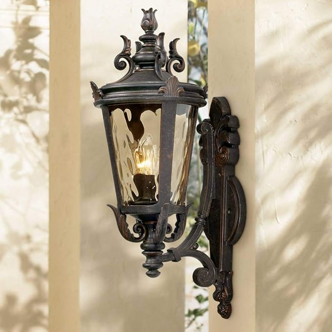 John Timberland Casa Marseille Vintage Outdoor Wall Light Fixture Veranda Bronze Scroll Frame 22" Champagne Hammered Glass for Exterior House Porch Patio Outside Deck Garage Yard Front Door
