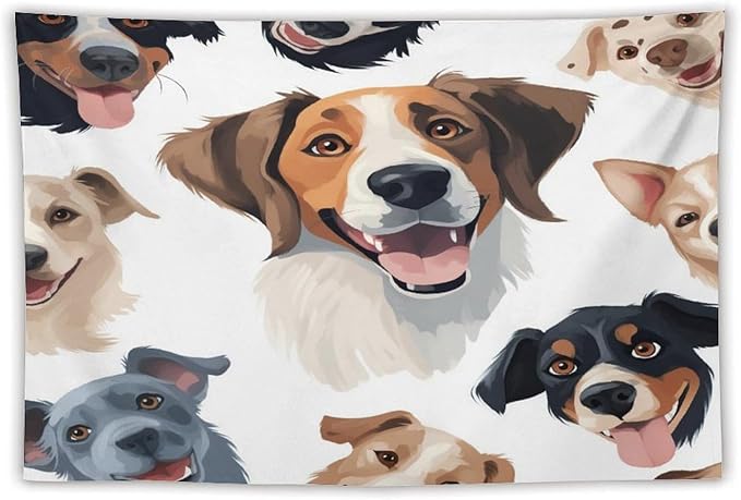 VUMIVI Cartoon Dog Tapestry Black & White Pet Dog Heads Cute Illustration Modern Creative Design Tapestry Wall Hanging for Living Room Bedroom Dorm Classroom Aesthetic Decor W90xL60in