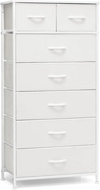 Crestlive Products Vertical Dresser Storage Tower - Sturdy Steel Frame, Wood Top, Easy Pull Fabric Bins, Handles - Organizer Unit for Bedroom, Hallway, Entryway, Closets - 7 Drawers (White)