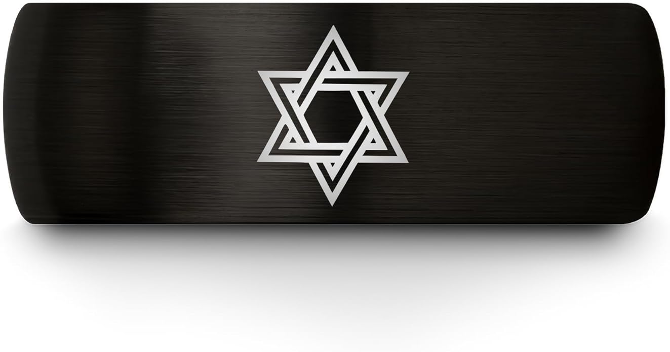 Mezuzah star Of David Ring - Gift for Jewish Family - Flat Dome Bevel - 8mm - Men Women - Yellow Gold Black Silver Blue - Anniversary Wedding - Personalized Custom Engraving - Band - Brushed Polished