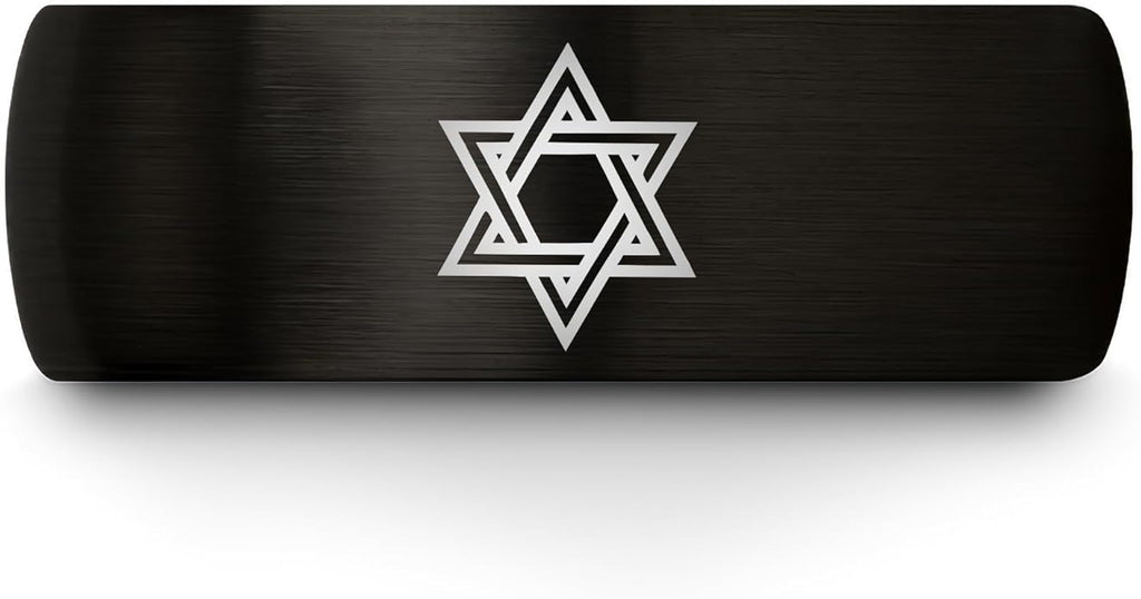 Mezuzah star Of David Ring - Gift for Jewish Family - Flat Dome Bevel - 8mm - Men Women - Yellow Gold Black Silver Blue - Anniversary Wedding - Personalized Custom Engraving - Band - Brushed Polished