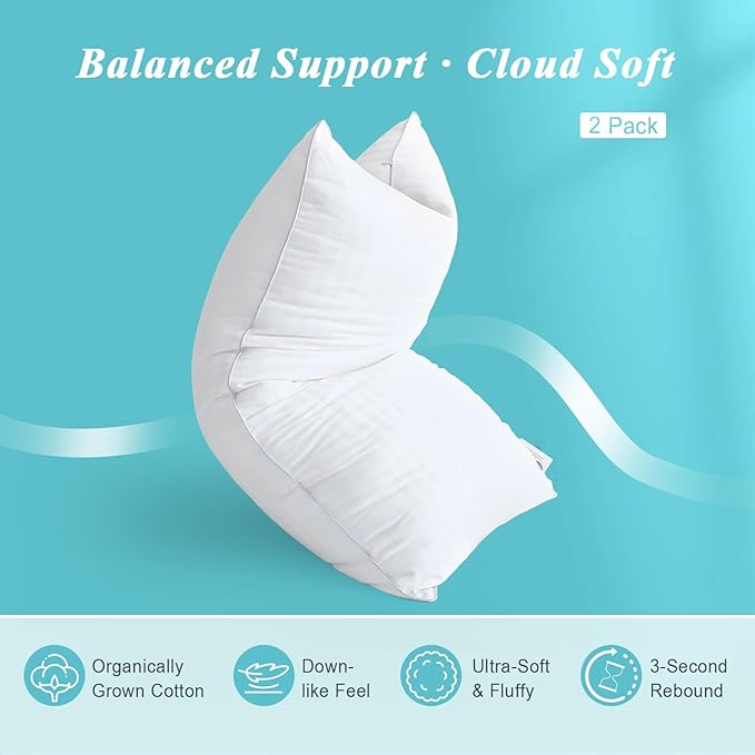 Bed Pillows Standard Size Set of 2-100% Cotton Cover, Down Alternative Gel Polyfill Filled, Twin Soft Medium Adjustable Hotel-Style Pillow Inserts, 20x26 Inch