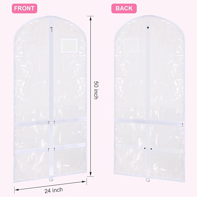14 Pcs Garment Bags for Dance Costumes Clear PVC with Zippers 24 x 50 Inch Suits Bag with Pockets Dance Costume Organizer Carrier for Storage Cover for Adult(Fully Transparent White,Classic)