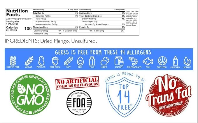 Gerbs Dried Mango Slices Unsweetened 2 lbs. | Dehydrated, Unsulfured, Resealable Bag | Naturally Sweet & Chewy | Top 14 Allergen-Free