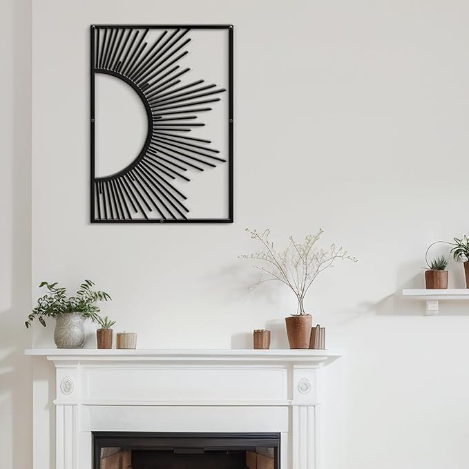 SIGNLEADER Metal Wall Art Decor Shining Sun Minimalist Modern Abstract Wall Sculpture Hangings Home Decoration for Living Room, Bedroom, Bathroom, Kitchen, Outdoor - 24" Black
