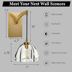 Crystal Brass Dome Wall Sconce - Luxury Brushed Lighting Fixture with K9 Crystals Cloche - Dimmable Indoor Hanging Light - Modern Gold Sconces for Bathroom Bedroom Living Room Stair Hallway
