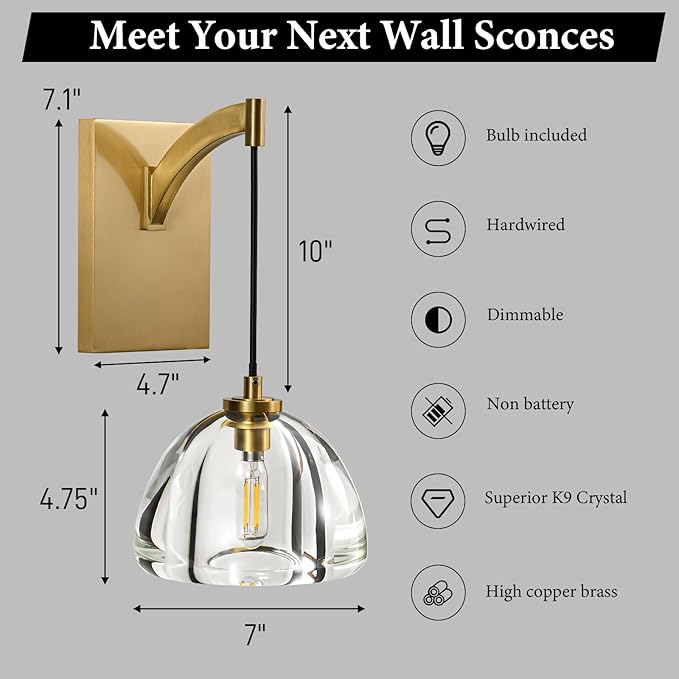 Crystal Brass Dome Wall Sconce - Luxury Brushed Lighting Fixture with K9 Crystals Cloche - Dimmable Indoor Hanging Light - Modern Gold Sconces for Bathroom Bedroom Living Room Stair Hallway