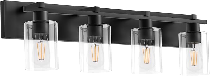 Espird Bathroom Vanity Light,4 Light Matte Black Light Fixture with Thickened Clear Glass Shade, 30 inch Modern Wall Sconce, Bathrooms Vanity Light Over Mirror for Bathroom