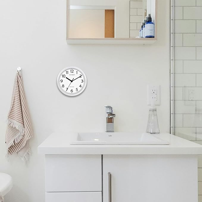 Caysie 6 Inch Waterproof Bathroom Shower Clock, Hanging or Standing Silent Battery Operated Quartz Magnetic Wall Clocks for Kitchen, Bathroom, Home (White)