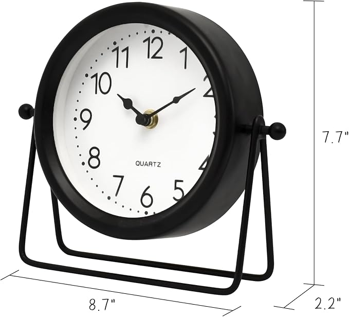 Vintage Black Table Clock on Stand, Decorative Desk and Shelf Clock Decorative Battery Operated Table Top Decor for Living Room，Silent Non-Ticking