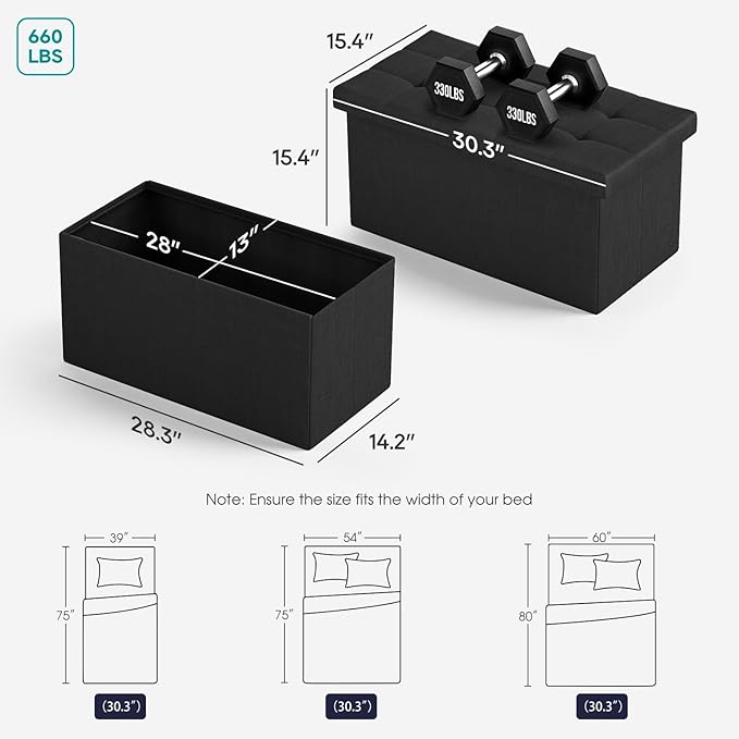 FDW 30 Inches Folding Storage Ottoman Bench, End of Bed Foot Rest Stools Ottoman Storage Chest, Holds up to 660 lb, for Entryway, Living Room, Bedroom, Black