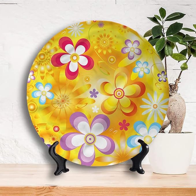 Ceramic Display Plate, Floral Ceramic Hanging Decorative Plate, Vibrant Daisies Cheerful, 7 Inch, Household Custom Ceramic Plate, Multicolor