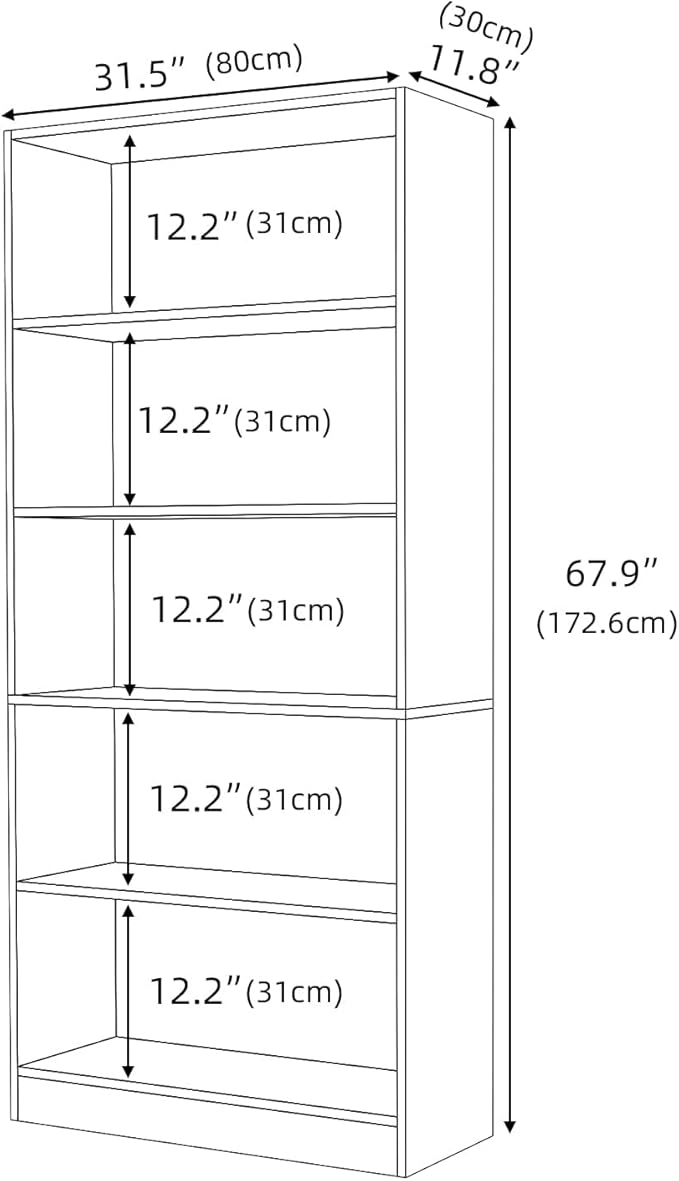 Wood Bookcase 5-Shelf Freestanding Display Wooden Bookshelf for Home Office School (Grey Oak)