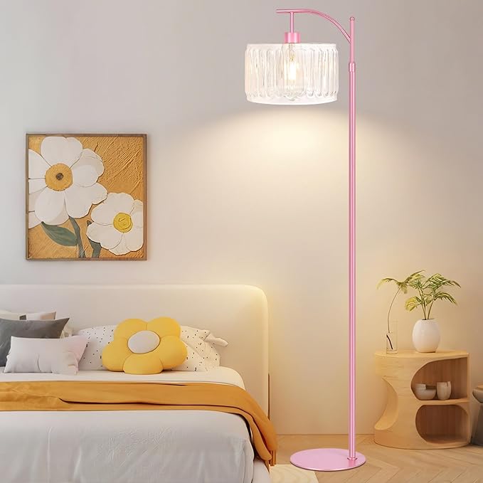 Pink Floor Lamp for Living Room,Bedroom,Gold Dimmable Standing Lamp with Remote,Mid Century Modern Brass Tall Lamp Boho Floor Lamps Arc Stained Glass Flower Floor Light Lamp Girls kids Bohemian