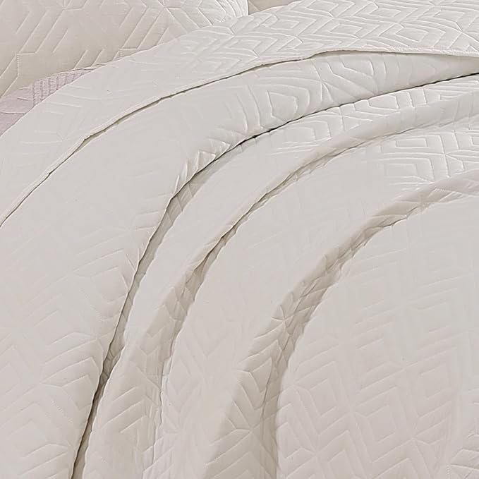 WRENSONGE Queen Quilt-3 Pieces Geometric White Bedspreads Queen Size Quilt Bedding Set for All Seasons,Soft Summer Coverlet with 2 Pillow Shams Suitable for Bed, Couch, Quilted Blanket