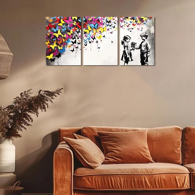 Novatique Banksy Canvas Wall Art for Bedroom Street Graffiti Wall Art Colorful Butterfly Painting Canvas Prints Pop Art Wall Decor for Living Room Office,12" x 16" x 3Pcs