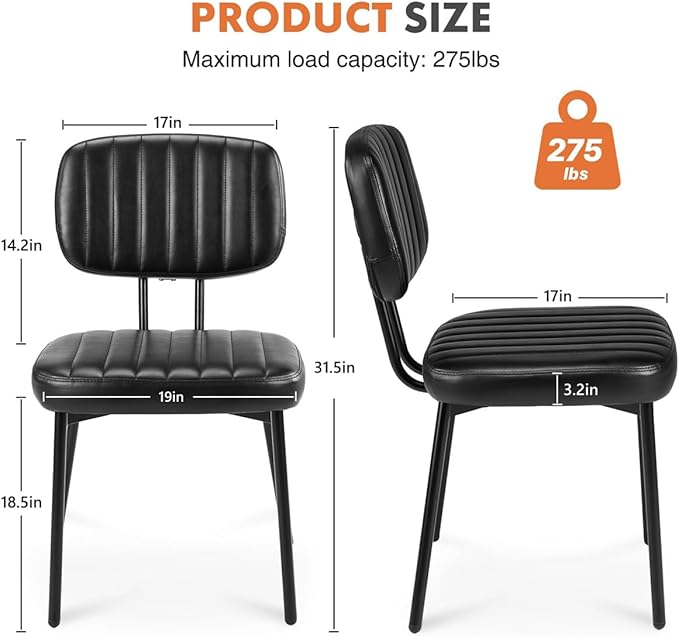 Dining Chairs Set of 2, Mid Century Modern Upholstered Kitchen Chair with PU Leather Cushion Seat & Metal Legs for Home/Living Room/Bedroom/Office-Black