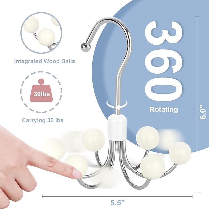 TOPIA HANGER Hoodie Hangers 2-Pack with 6 Wood Balls, 360°Swivel Purse Hanger, Scarf Hanger, Closet Hooks, Handbag Organizer, Bra Hanger, Accessory Organizers for Scarf, Tanktop, Hat, Hoodie CT43W