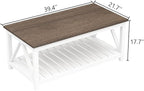 ChooChoo Farmhouse Coffee Table, Rustic Vintage Living Room Table with Shelf, 40 White