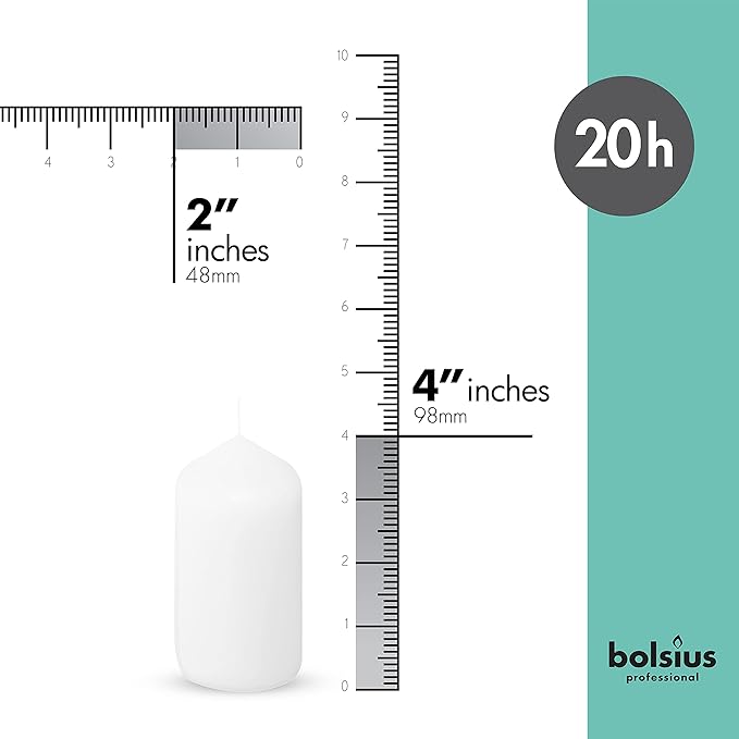 BOLSIUS White Pillar Candles - 2x4 Inches - 2 Packs = Total 40 Candles - 20+ Hours - Premium European Quality - Consistent Smokeless Flame - Unscented Dripless Pillars