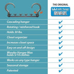Wonder Hanger Max 10-Pack Space Saving Hangers, Reinforced Hooks Swivels 360°, Cascading Hanger, College Dorms & Storage Closet Organizer, Fully Assembled – Grey