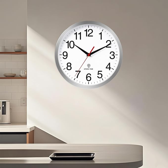 Atomic Wall Clock Modern 14 Inch Battery Operated Analog Clock Decorative for Bedroom Kitchen Bathroom Office Home Living Room (Silver)