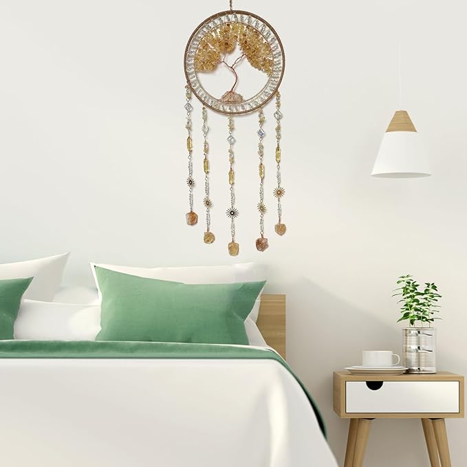 Crystal Tree of Life Dream Catchers with Stone Pendant Yellow Dream Catcher Wall Decor Handmade Dreamcatcher Wall Hanging Ornament for Bedroom Living Room Home Decor