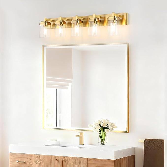 Vanity Light Fixture,5-Light Vanity Light for Bathroom,Brushed Gold Bathroom Vanity Lighting Over Mirror with Square Clear Glass Shade for Restroom