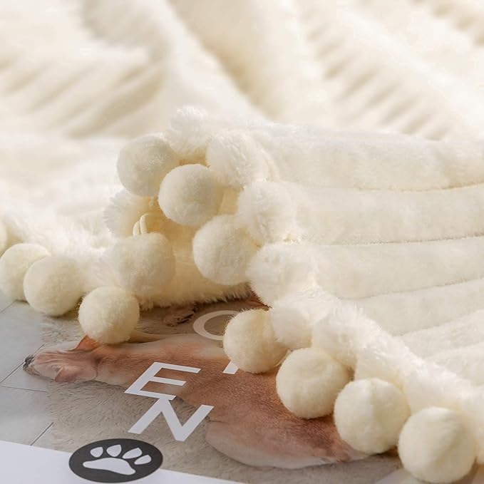 DISSA Fleece Blanket Queen Size – 71x80, Beige - Soft, Plush, Fluffy, Fuzzy, Warm, Cozy – Perfect Throw for Couch, Bed, Sofa - with Pompom Fringe - Flannel Blanket