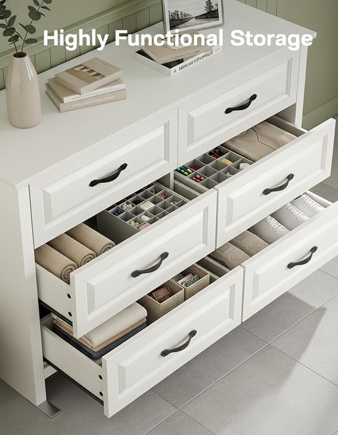 Marsail Farmhouse 6 Drawer Dresser, Wood Chest of Drawers with Natural Texture, Smooth Gliding Drawers, Versatile Storage Organizer Cabinet for Bedroom & Living Room, White