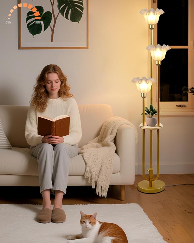 Flower Floor Lamp for Living Room, Dimmable Vintage Floor Lamp with Shelf & LED Bulbs, 3 Light 3000K Soft Warmwhite Mid Century Gold Standing Lamp, Floral Tall Lamp for Bedroom