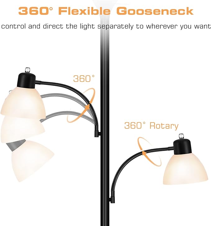 Luvkczc Floor Lamps for Living Room, 72" Tall Torchiere Floor Lamp with 8W Adjustable Reading Lights, Industrial Lamps for Living Room, Bedroom, Office, Black Tree Floor Lamp【3 Bulbs Included】