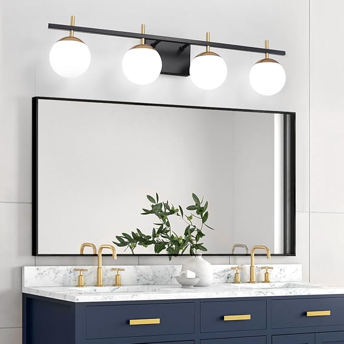4-Light Modern Vanity Light for Bathroom, Black and Gold Bathroom Lighting Fixtures Over Mirror, White Frosted Glass Vanity Lights Globe Wall Lamp Sconces for Hallway Stairway Living Room